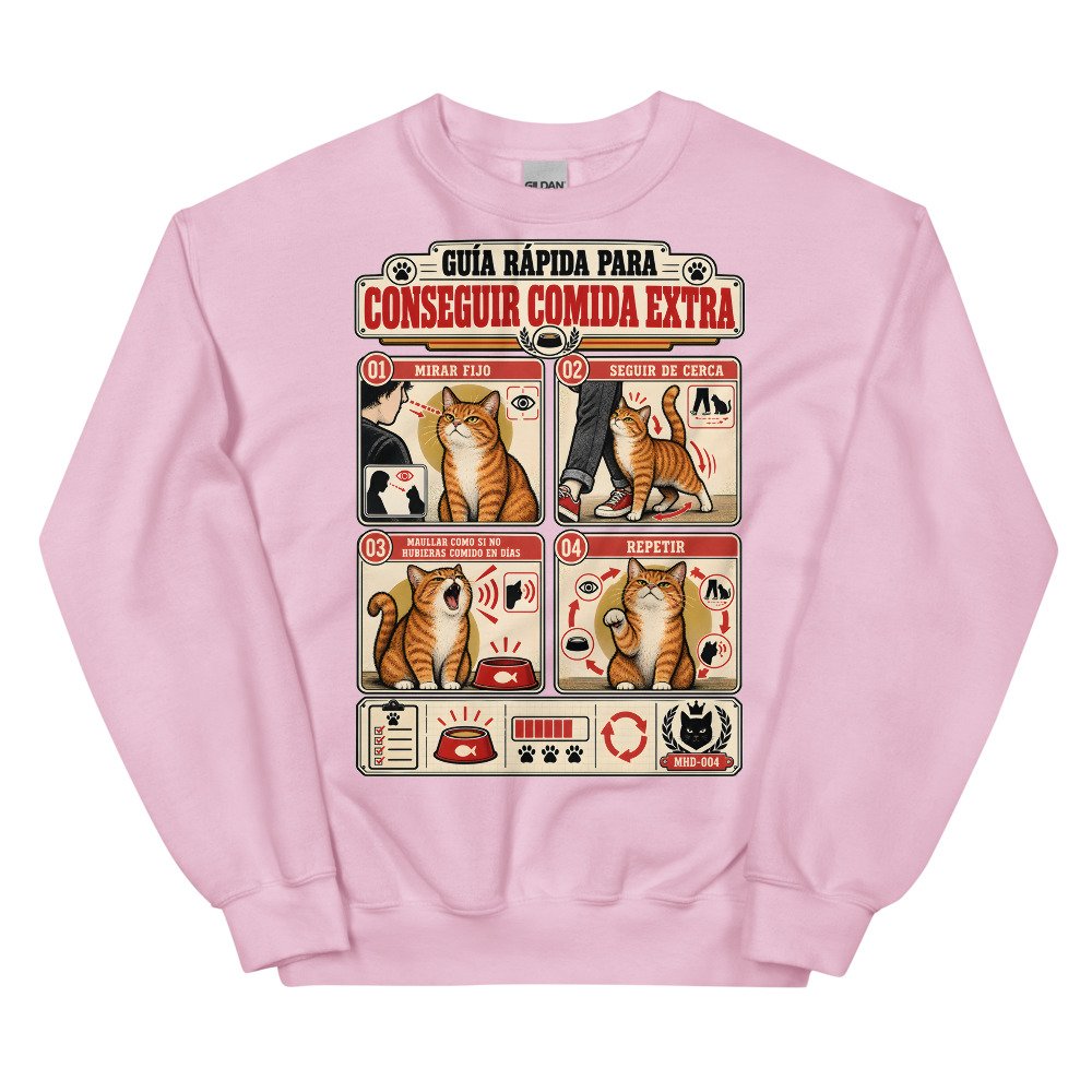 Sudadera de gatos «Cómo conseguir comida extra» — diseño MHD-004 de la serie Manual del Humano Doméstico en color Rosa claro