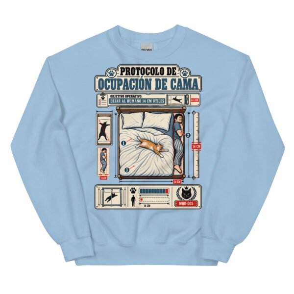 Sudadera de gatos «Protocolo de ocupación de cama» — diseño MHD-005 de la serie Manual del Humano Doméstico en color Azul claro