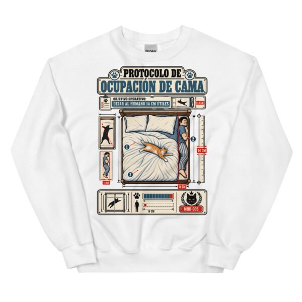 Sudadera de gatos «Protocolo de ocupación de cama» — diseño MHD-005 de la serie Manual del Humano Doméstico en color Blanco