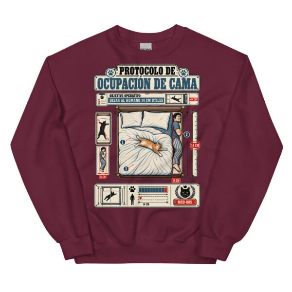 Sudadera de gatos «Protocolo de ocupación de cama» — diseño MHD-005 de la serie Manual del Humano Doméstico en color Granate