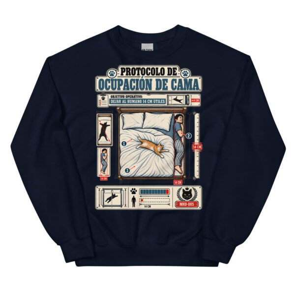 Sudadera de gatos «Protocolo de ocupación de cama» — diseño MHD-005 de la serie Manual del Humano Doméstico en color Marino
