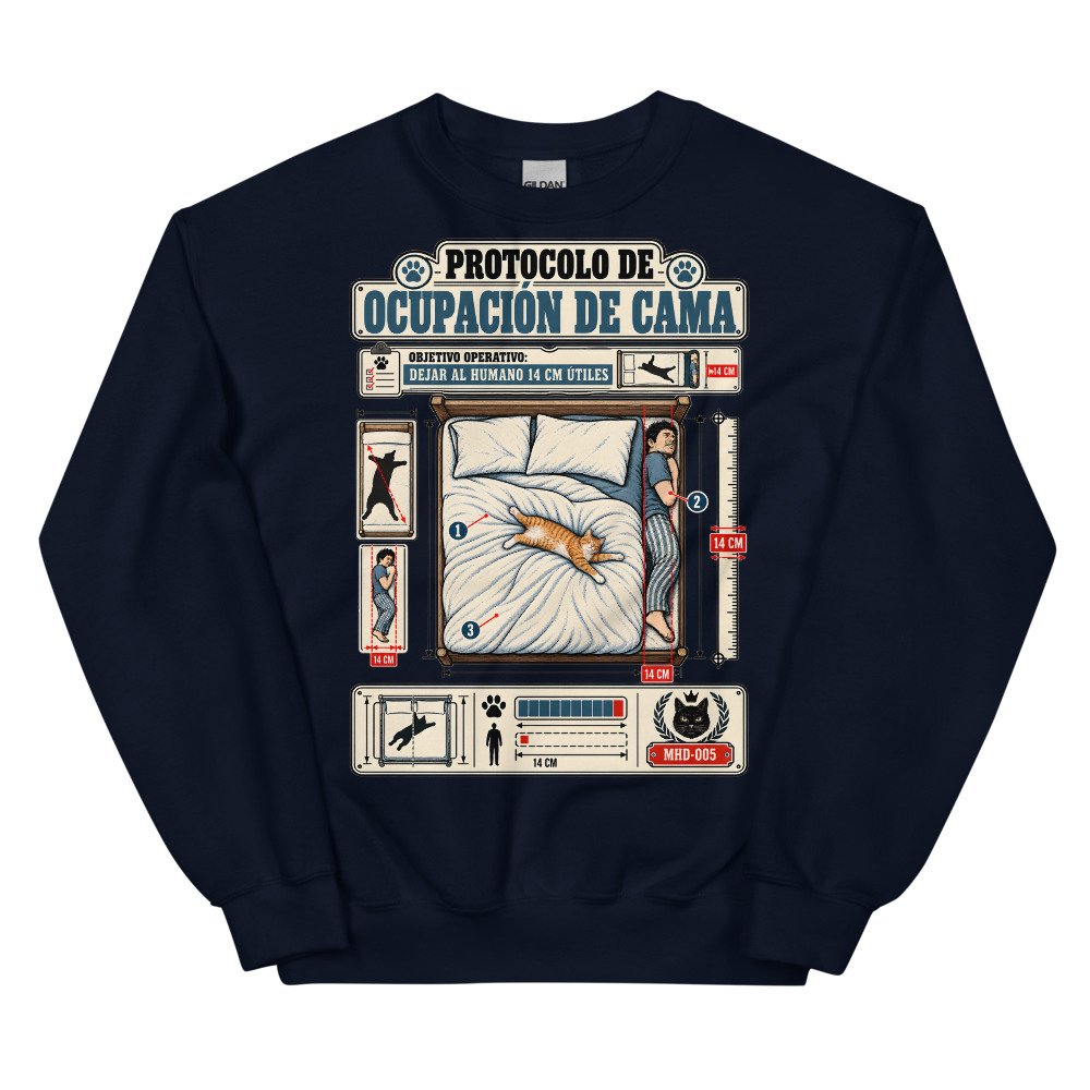 Sudadera de gatos «Protocolo de ocupación de cama» — diseño MHD-005 de la serie Manual del Humano Doméstico en color Marino