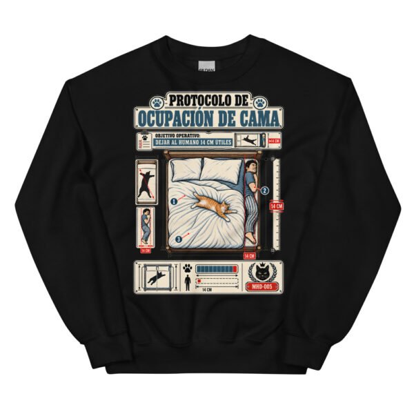 Sudadera de gatos «Protocolo de ocupación de cama» — diseño MHD-005 de la serie Manual del Humano Doméstico en color Negro
