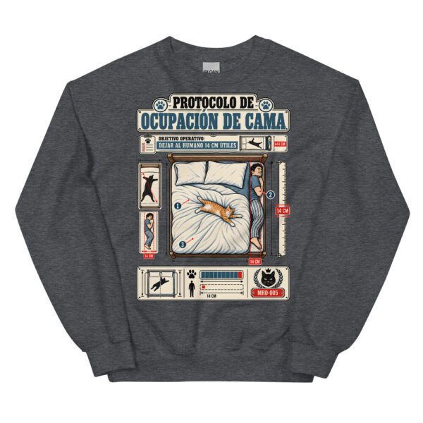 Sudadera de gatos «Protocolo de ocupación de cama» — diseño MHD-005 de la serie Manual del Humano Doméstico en color Oscuro jaspeado