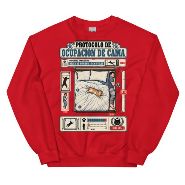 Sudadera de gatos «Protocolo de ocupación de cama» — diseño MHD-005 de la serie Manual del Humano Doméstico en color Rojo
