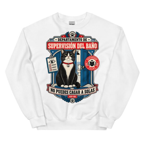 Sudadera de gatos «Supervisión del baño» — diseño MHD-006 de la serie Manual del Humano Doméstico en color Blanco