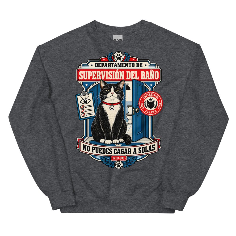 Sudadera de gatos «Supervisión del baño» — diseño MHD-006 de la serie Manual del Humano Doméstico en color Oscuro jaspeado