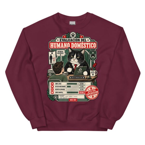 Sudadera de gatos «Evaluación del humano» — diseño MHD-009 de la serie Manual del Humano Doméstico en color Granate