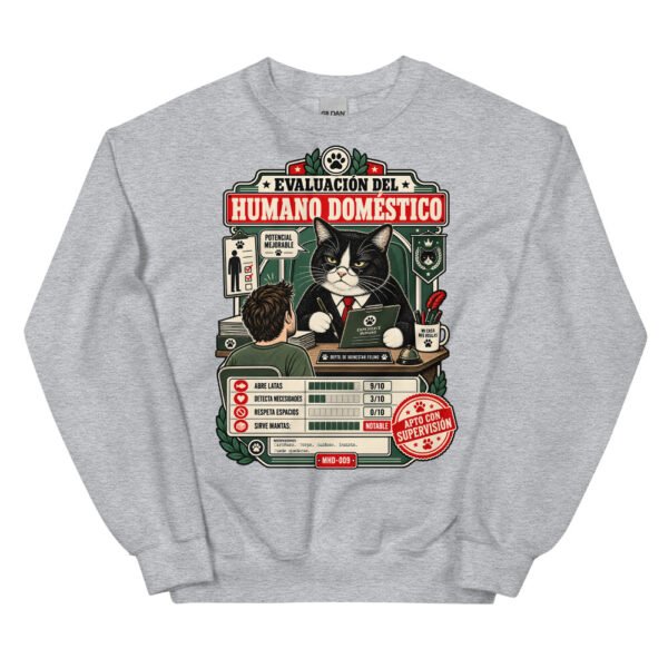 Sudadera de gatos «Evaluación del humano» — diseño MHD-009 de la serie Manual del Humano Doméstico en color Gris deportivo