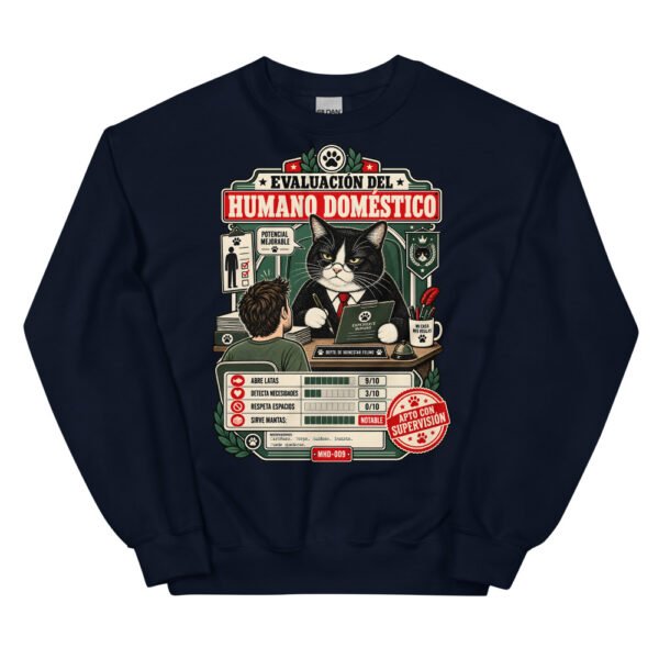 Sudadera de gatos «Evaluación del humano» — diseño MHD-009 de la serie Manual del Humano Doméstico en color Marino