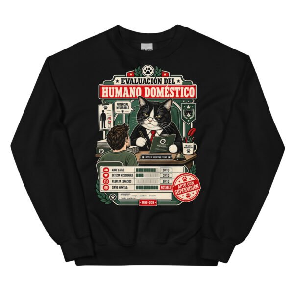 Sudadera de gatos «Evaluación del humano» — diseño MHD-009 de la serie Manual del Humano Doméstico en color Negro