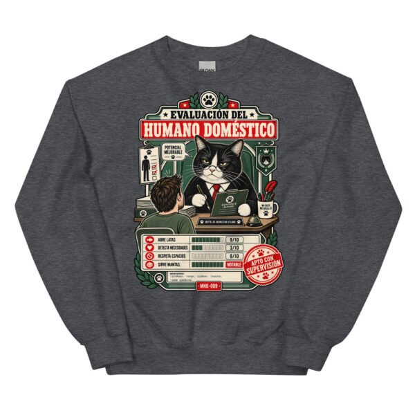 Sudadera de gatos «Evaluación del humano» — diseño MHD-009 de la serie Manual del Humano Doméstico en color Oscuro jaspeado