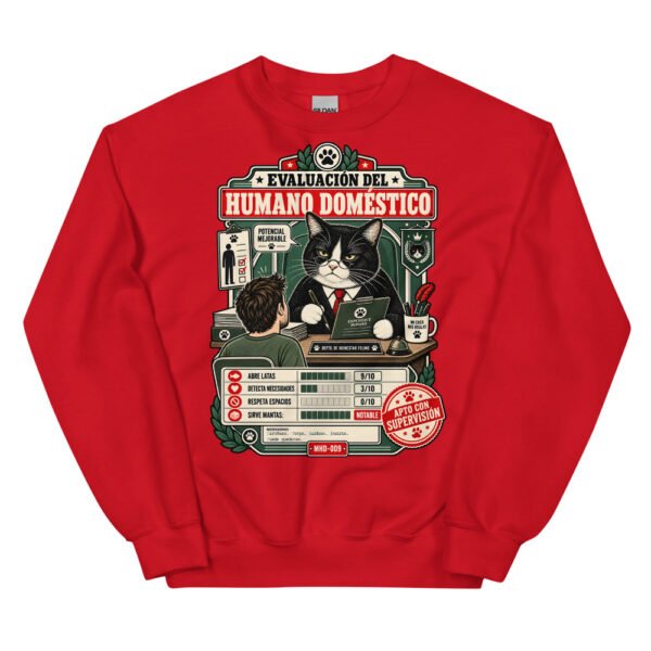 Sudadera de gatos «Evaluación del humano» — diseño MHD-009 de la serie Manual del Humano Doméstico en color Rojo