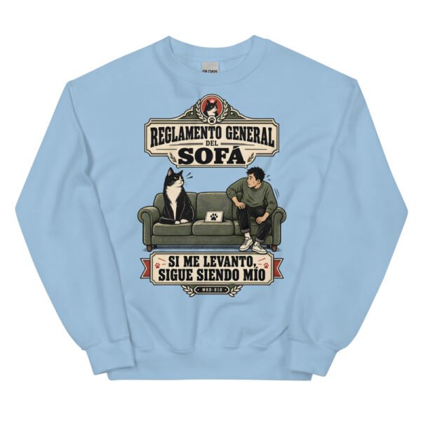 Sudadera de gatos «Reglamento del sofá» — diseño MHD-010 de la serie Manual del Humano Doméstico en color Azul claro