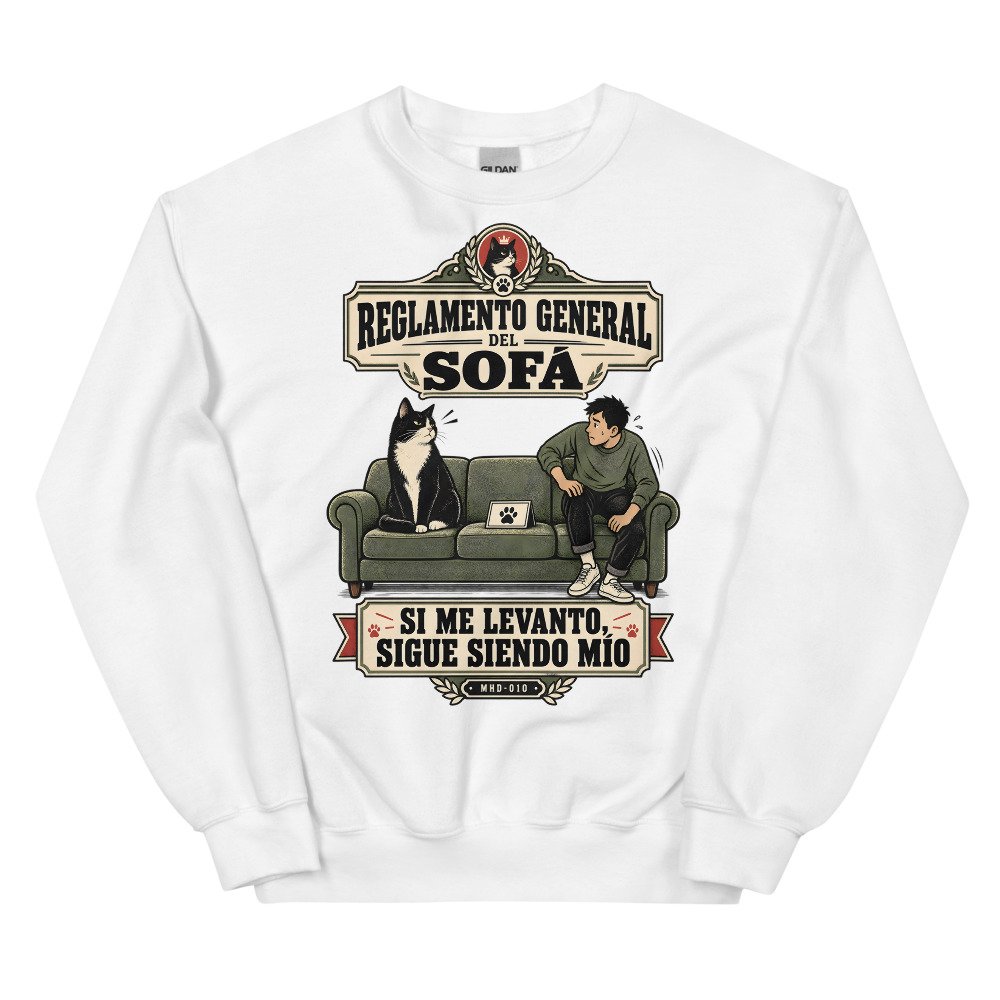 Sudadera de gatos «Reglamento del sofá» — diseño MHD-010 de la serie Manual del Humano Doméstico en color Blanco
