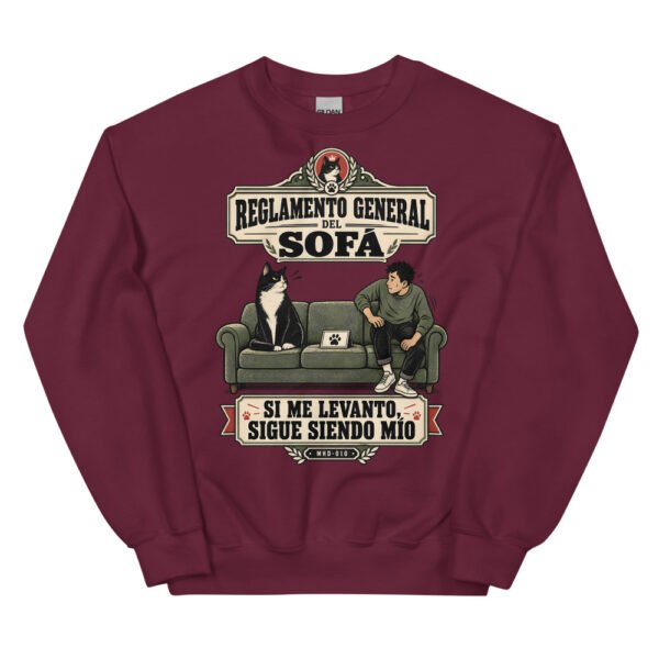 Sudadera de gatos «Reglamento del sofá» — diseño MHD-010 de la serie Manual del Humano Doméstico en color Granate