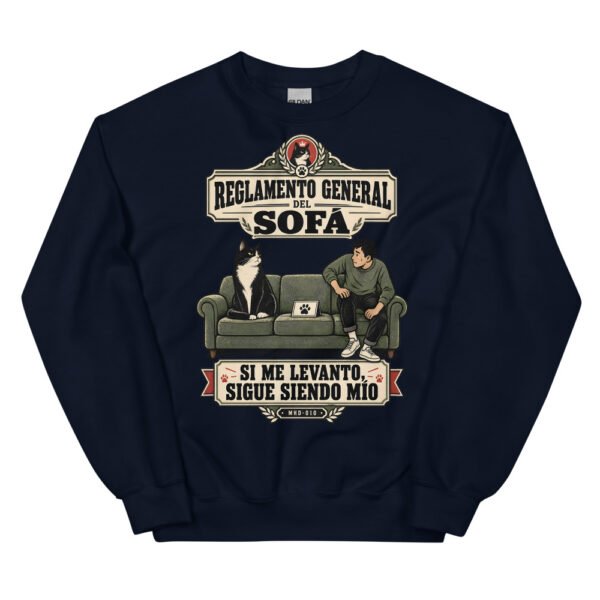 Sudadera de gatos «Reglamento del sofá» — diseño MHD-010 de la serie Manual del Humano Doméstico en color Marino