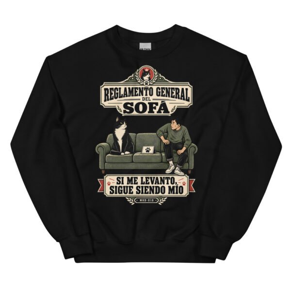 Sudadera de gatos «Reglamento del sofá» — diseño MHD-010 de la serie Manual del Humano Doméstico en color Negro