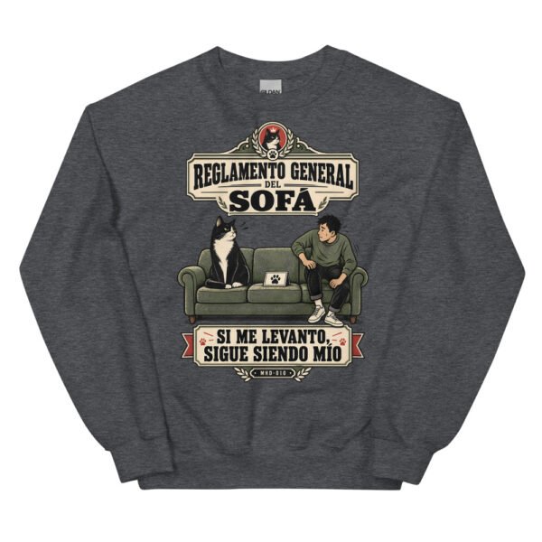 Sudadera de gatos «Reglamento del sofá» — diseño MHD-010 de la serie Manual del Humano Doméstico en color Oscuro jaspeado