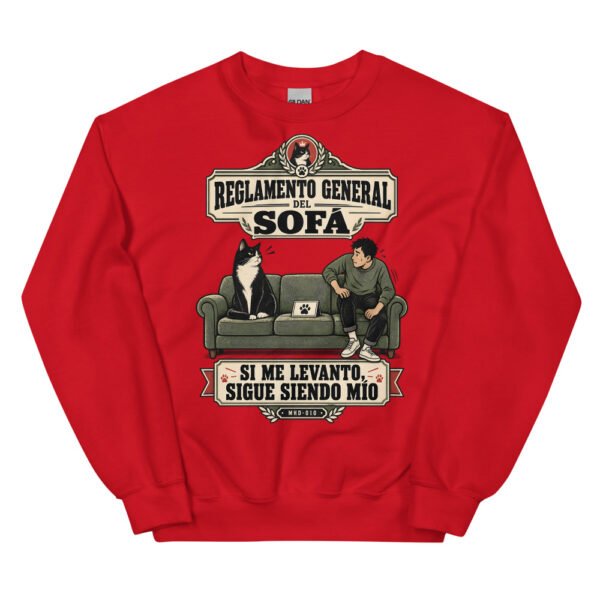 Sudadera de gatos «Reglamento del sofá» — diseño MHD-010 de la serie Manual del Humano Doméstico en color Rojo