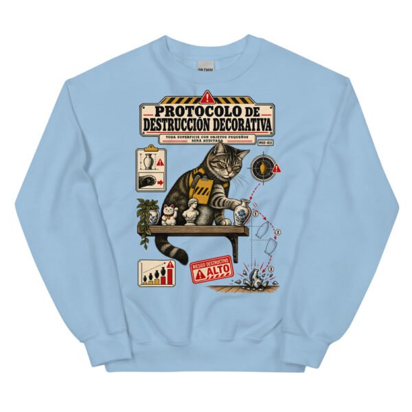 Sudadera de gatos «Protocolo de destrucción decorativa» — diseño MHD-011 de la serie Manual del Humano Doméstico en color Azul claro