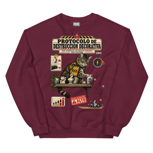 Sudadera de gatos «Protocolo de destrucción decorativa» — diseño MHD-011 de la serie Manual del Humano Doméstico en color Granate
