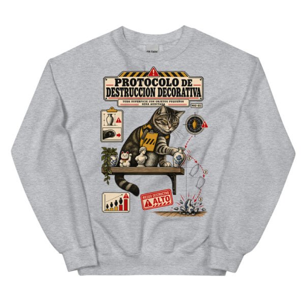 Sudadera de gatos «Protocolo de destrucción decorativa» — diseño MHD-011 de la serie Manual del Humano Doméstico en color Gris deportivo