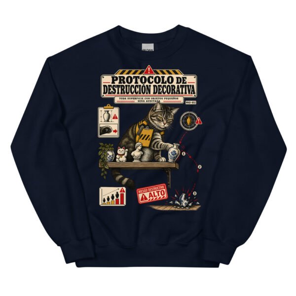 Sudadera de gatos «Protocolo de destrucción decorativa» — diseño MHD-011 de la serie Manual del Humano Doméstico en color Marino