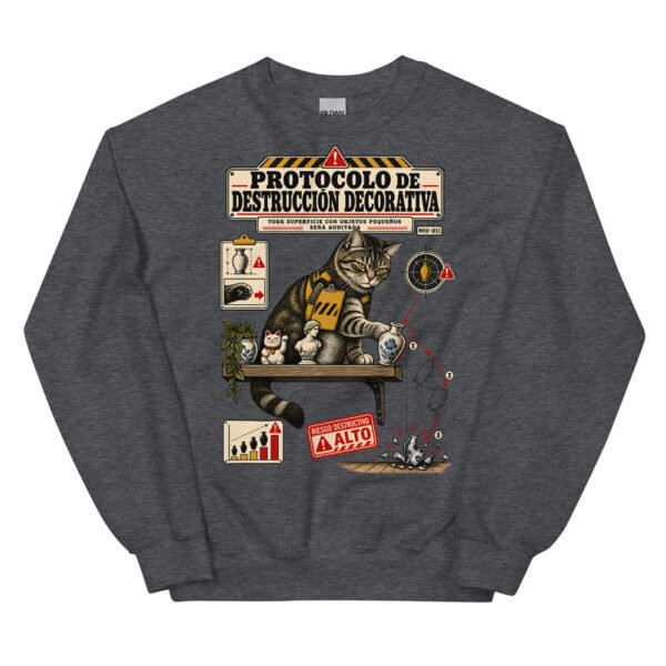 Sudadera de gatos «Protocolo de destrucción decorativa» — diseño MHD-011 de la serie Manual del Humano Doméstico en color Oscuro jaspeado