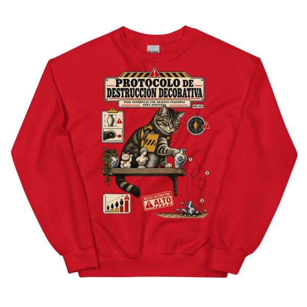 Sudadera de gatos «Protocolo de destrucción decorativa» — diseño MHD-011 de la serie Manual del Humano Doméstico en color Rojo