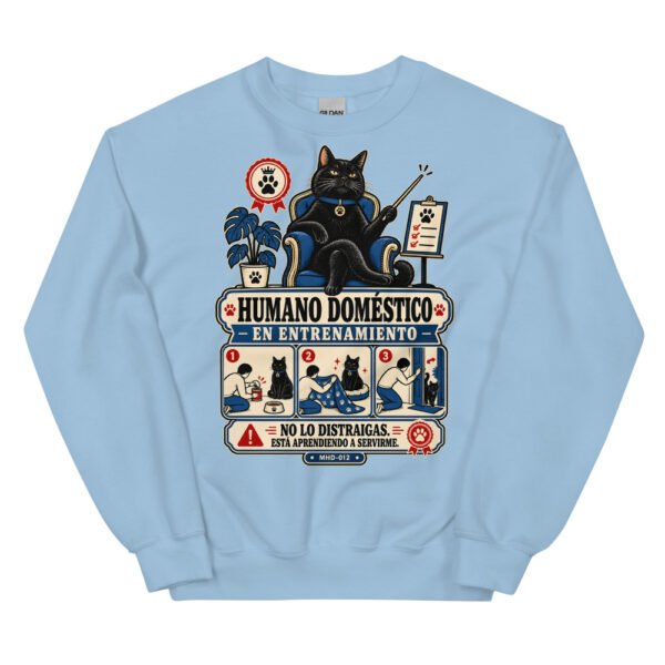 Sudadera de gatos «Humano en entrenamiento» — diseño MHD-012 de la serie Manual del Humano Doméstico en color Azul claro