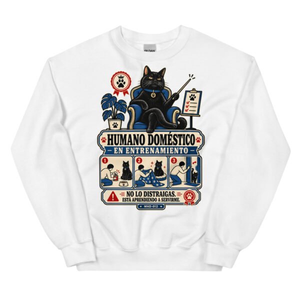 Sudadera de gatos «Humano en entrenamiento» — diseño MHD-012 de la serie Manual del Humano Doméstico en color Blanco