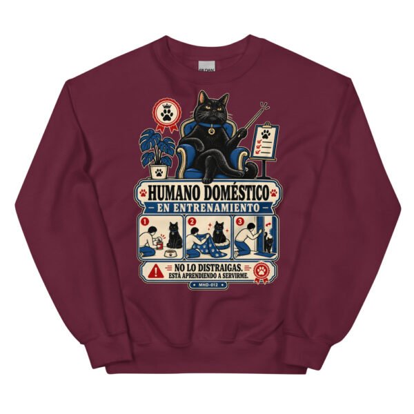 Sudadera de gatos «Humano en entrenamiento» — diseño MHD-012 de la serie Manual del Humano Doméstico en color Granate