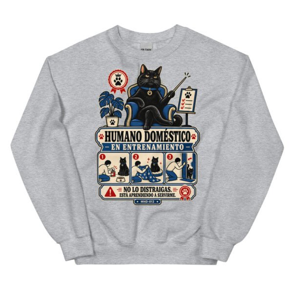 Sudadera de gatos «Humano en entrenamiento» — diseño MHD-012 de la serie Manual del Humano Doméstico en color Gris deportivo
