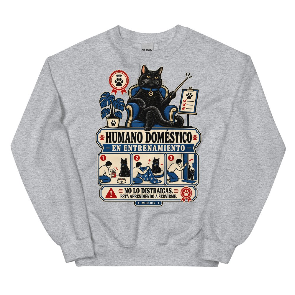 Sudadera de gatos «Humano en entrenamiento» — diseño MHD-012 de la serie Manual del Humano Doméstico en color Gris deportivo