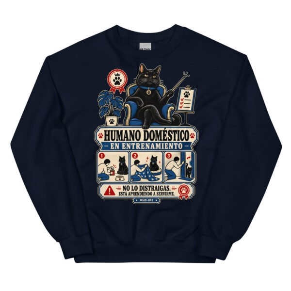 Sudadera de gatos «Humano en entrenamiento» — diseño MHD-012 de la serie Manual del Humano Doméstico en color Marino