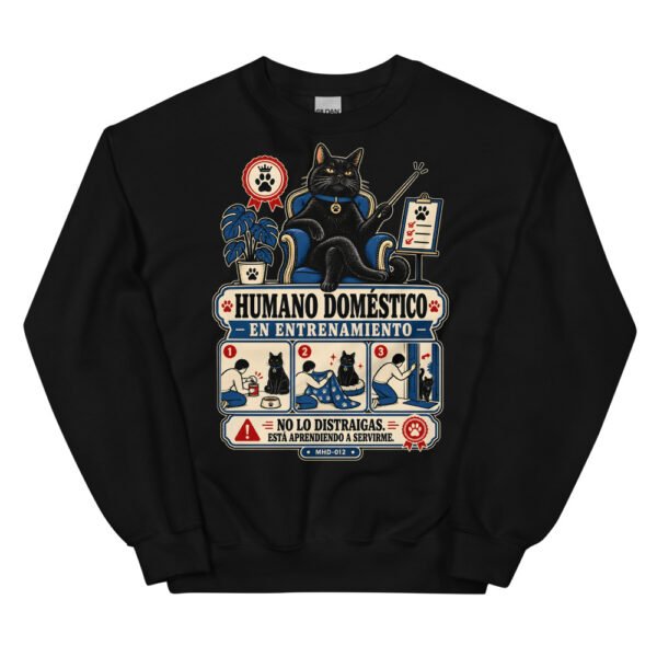 Sudadera de gatos «Humano en entrenamiento» — diseño MHD-012 de la serie Manual del Humano Doméstico en color Negro