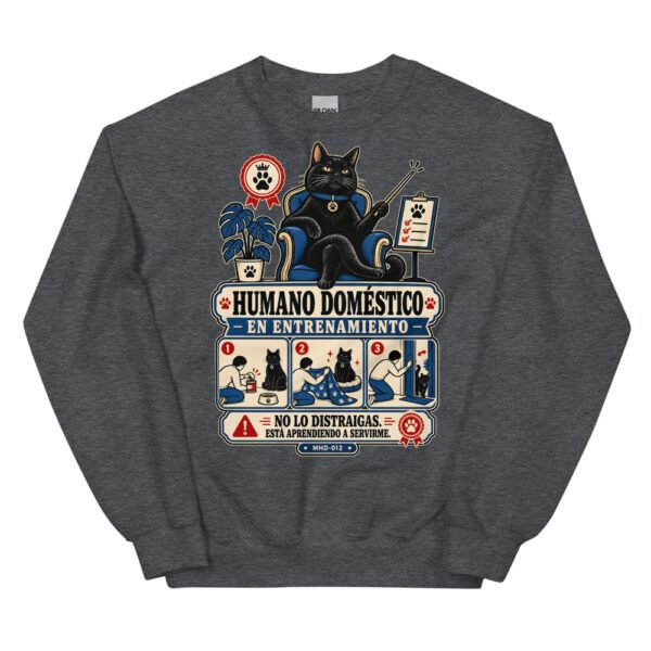 Sudadera de gatos «Humano en entrenamiento» — diseño MHD-012 de la serie Manual del Humano Doméstico en color Oscuro jaspeado