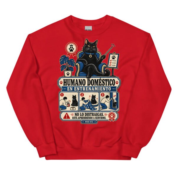 Sudadera de gatos «Humano en entrenamiento» — diseño MHD-012 de la serie Manual del Humano Doméstico en color Rojo