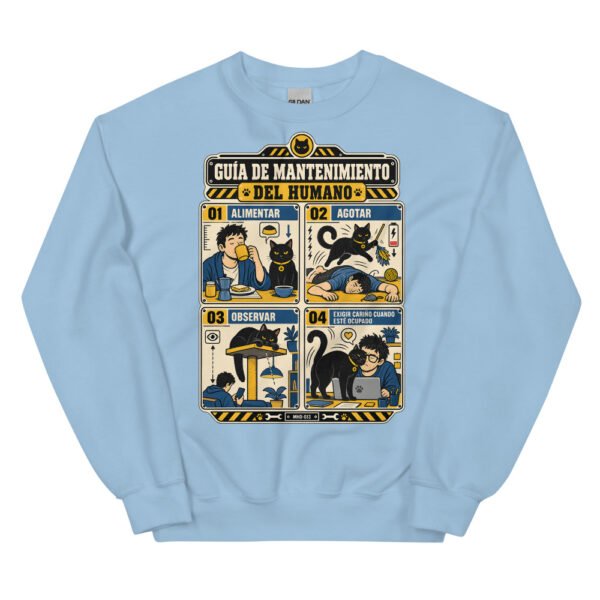 Sudadera de gatos «Mantenimiento del humano» — diseño MHD-013 de la serie Manual del Humano Doméstico en color Azul claro