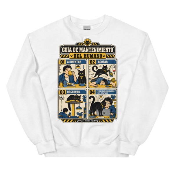 Sudadera de gatos «Mantenimiento del humano» — diseño MHD-013 de la serie Manual del Humano Doméstico en color Blanco