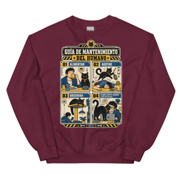 Sudadera de gatos «Mantenimiento del humano» — diseño MHD-013 de la serie Manual del Humano Doméstico en color Granate
