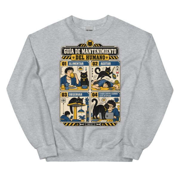 Sudadera de gatos «Mantenimiento del humano» — diseño MHD-013 de la serie Manual del Humano Doméstico en color Gris deportivo