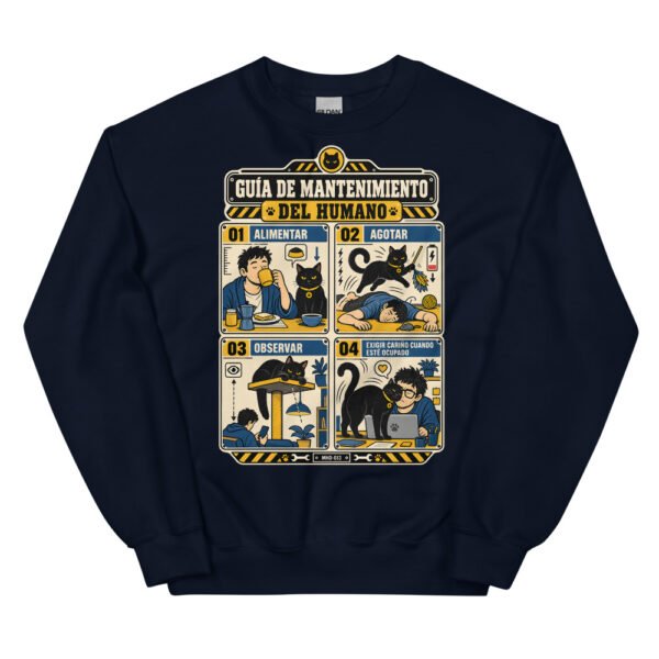 Sudadera de gatos «Mantenimiento del humano» — diseño MHD-013 de la serie Manual del Humano Doméstico en color Marino