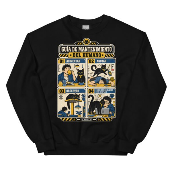 Sudadera de gatos «Mantenimiento del humano» — diseño MHD-013 de la serie Manual del Humano Doméstico en color Negro