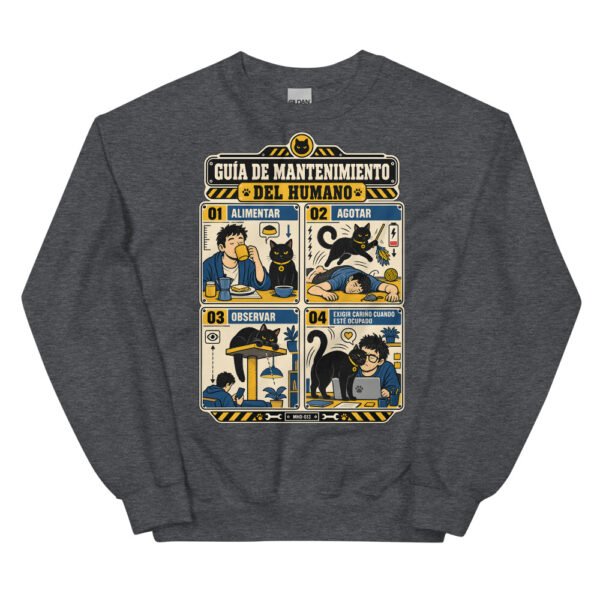 Sudadera de gatos «Mantenimiento del humano» — diseño MHD-013 de la serie Manual del Humano Doméstico en color Oscuro jaspeado
