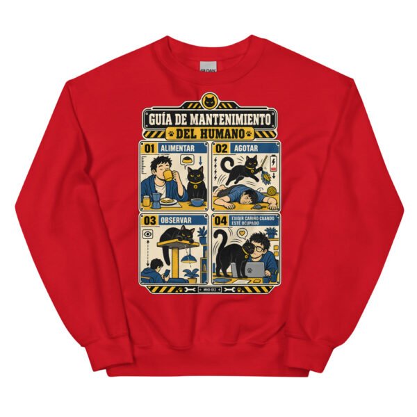 Sudadera de gatos «Mantenimiento del humano» — diseño MHD-013 de la serie Manual del Humano Doméstico en color Rojo