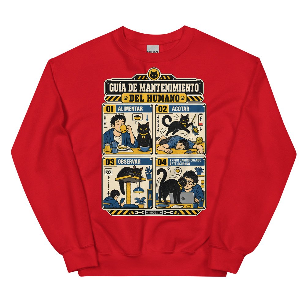 Sudadera de gatos «Mantenimiento del humano» — diseño MHD-013 de la serie Manual del Humano Doméstico en color Rojo