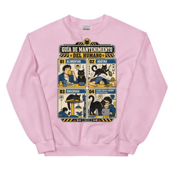 Sudadera de gatos «Mantenimiento del humano» — diseño MHD-013 de la serie Manual del Humano Doméstico en color Rosa claro