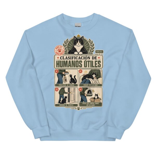 Sudadera de gatos «Clasificación de humanos útiles» — diseño MHD-014 de la serie Manual del Humano Doméstico en color Azul claro